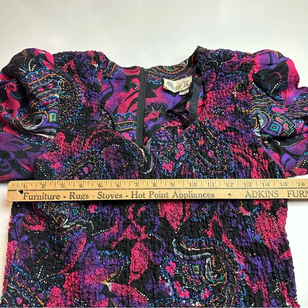 Vintage 1990s Paisley Drop Waist Midi Dress Purple Pink Bow Detail Boho - Picture 11 of 12